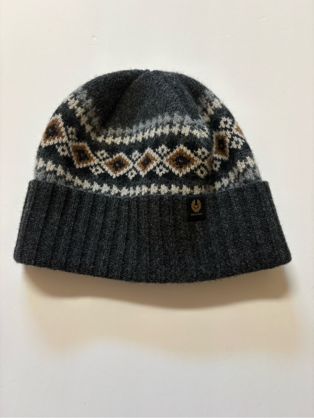 Belstaff Charcoal Gray Fair Isle wool Beanie with Brown Accents OS